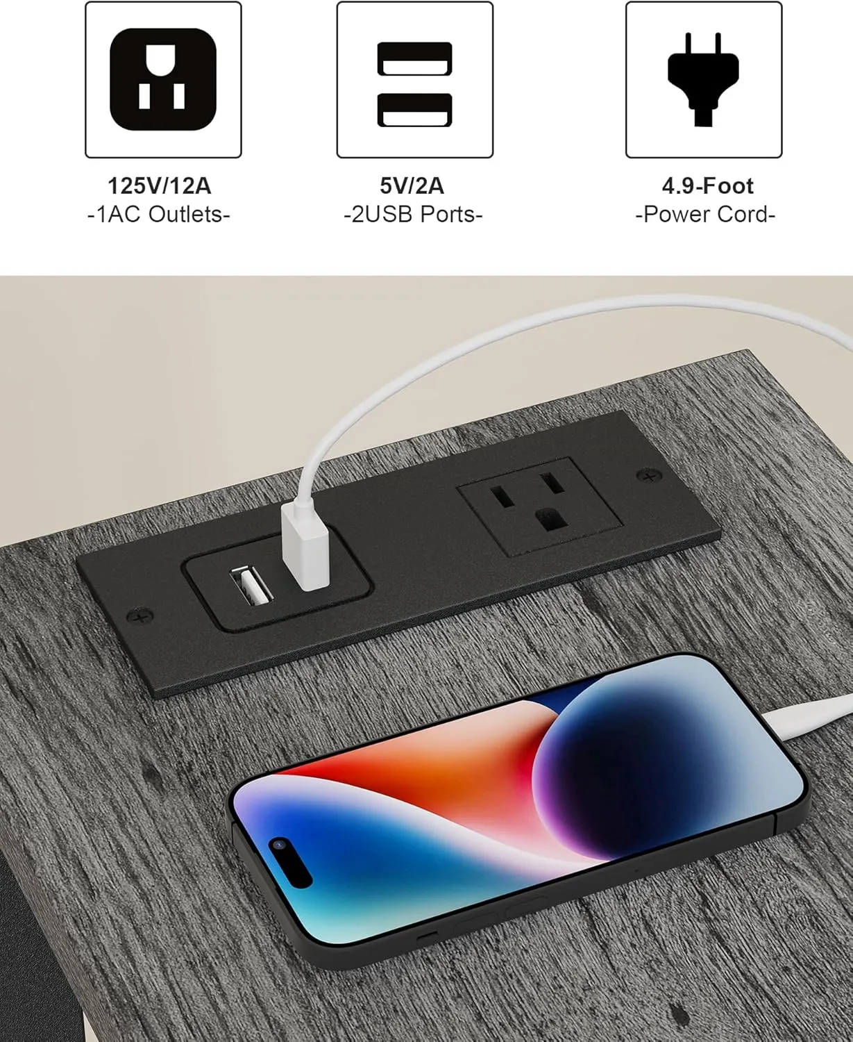 TUTOTAK Small End Table with Charging Station, Narrow Side Table with USB Ports and Outlets, Skinny Sofa Table, Slim Nightstand, Living Room, Bed Room, Charcoal Grey TB01BY060