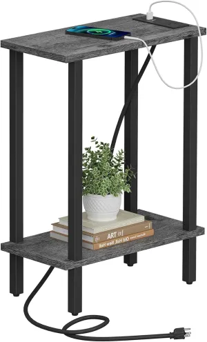 TUTOTAK Small End Table with Charging Station, Narrow Side Table with USB Ports and Outlets, Skinny Sofa Table, Slim Nightstand, Living Room, Bed Room, Charcoal Grey TB01BY060