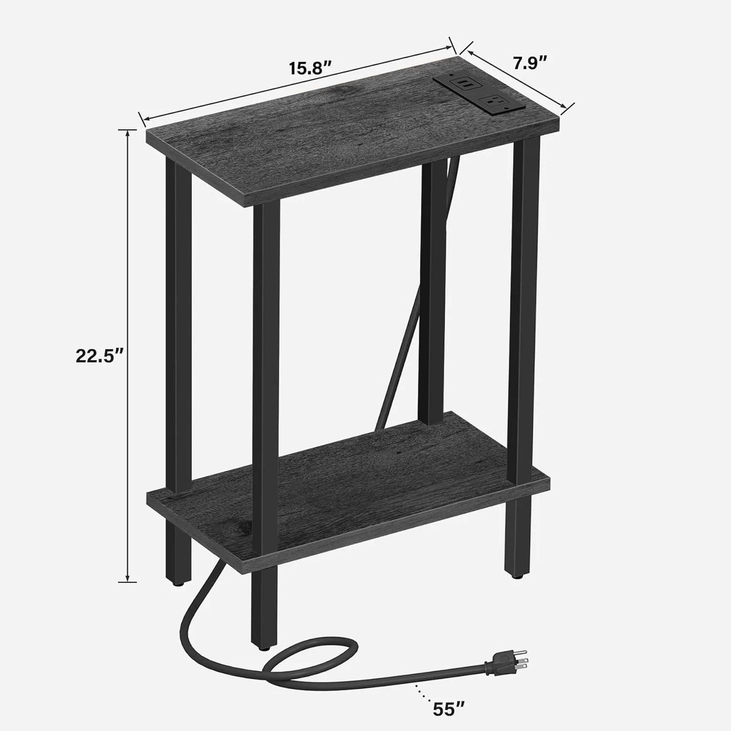TUTOTAK Small End Table with Charging Station, Narrow Side Table with USB Ports and Outlets, Skinny Sofa Table, Slim Nightstand, Living Room, Bed Room, Charcoal Grey TB01BY060