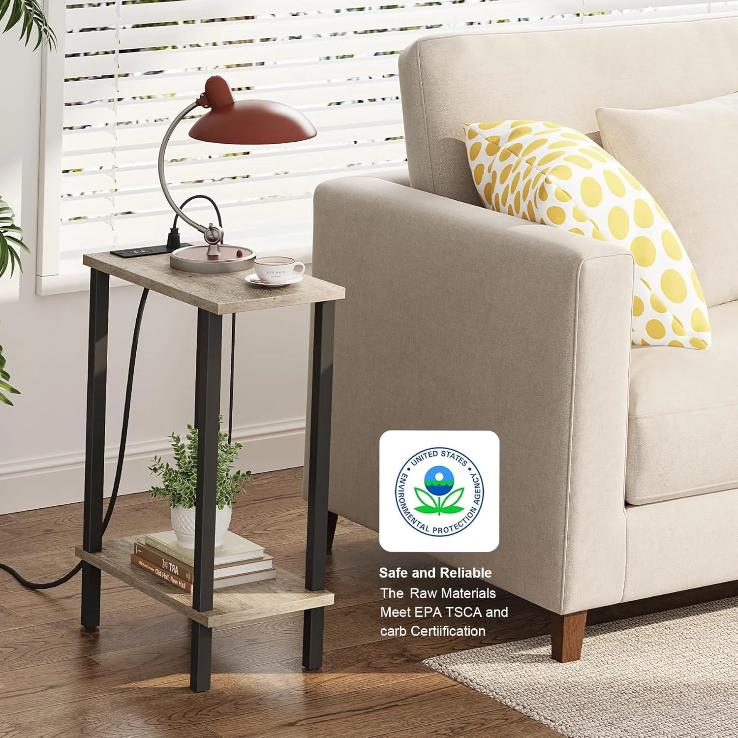 TUTOTAK Small End Table with Charging Station, Narrow Side Table with USB Ports and Outlets, Skinny Sofa Table, Slim Nightstand, Living Room, Bed Room, Greige TB01BG060