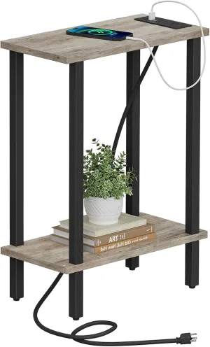 TUTOTAK Small End Table with Charging Station, Narrow Side Table with USB Ports and Outlets, Skinny Sofa Table, Slim Nightstand, Living Room, Bed Room, Greige TB01BG060