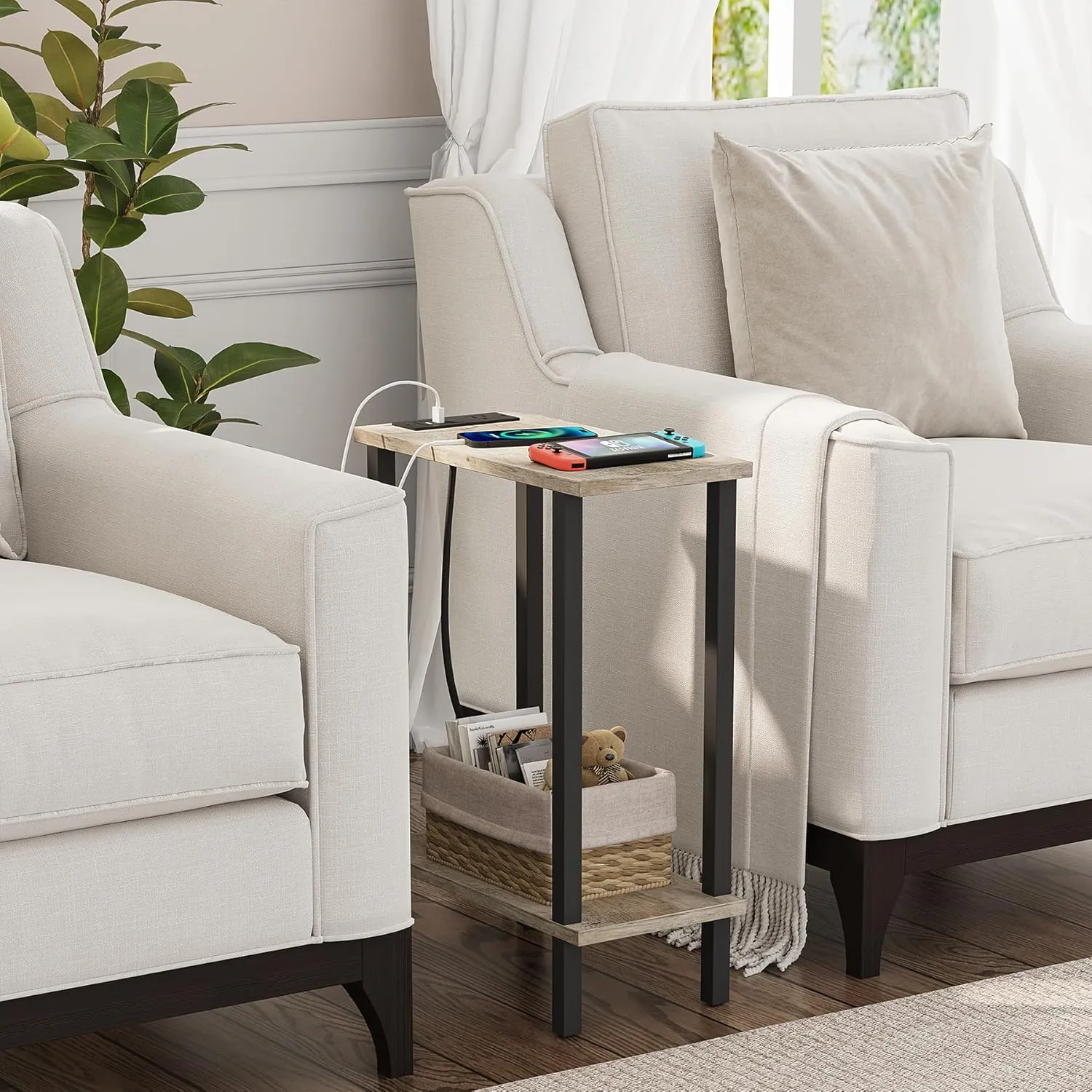 TUTOTAK Small End Table with Charging Station, Narrow Side Table with USB Ports and Outlets, Skinny Sofa Table, Slim Nightstand, Living Room, Bed Room, Greige TB01BG060