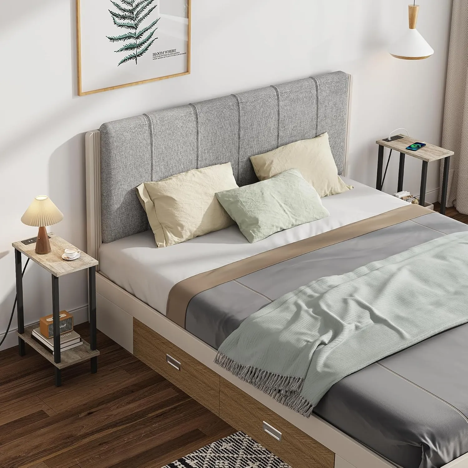 TUTOTAK Small End Table with Charging Station, Narrow Side Table with USB Ports and Outlets, Skinny Sofa Table, Slim Nightstand, Living Room, Bed Room, Greige TB01BG060