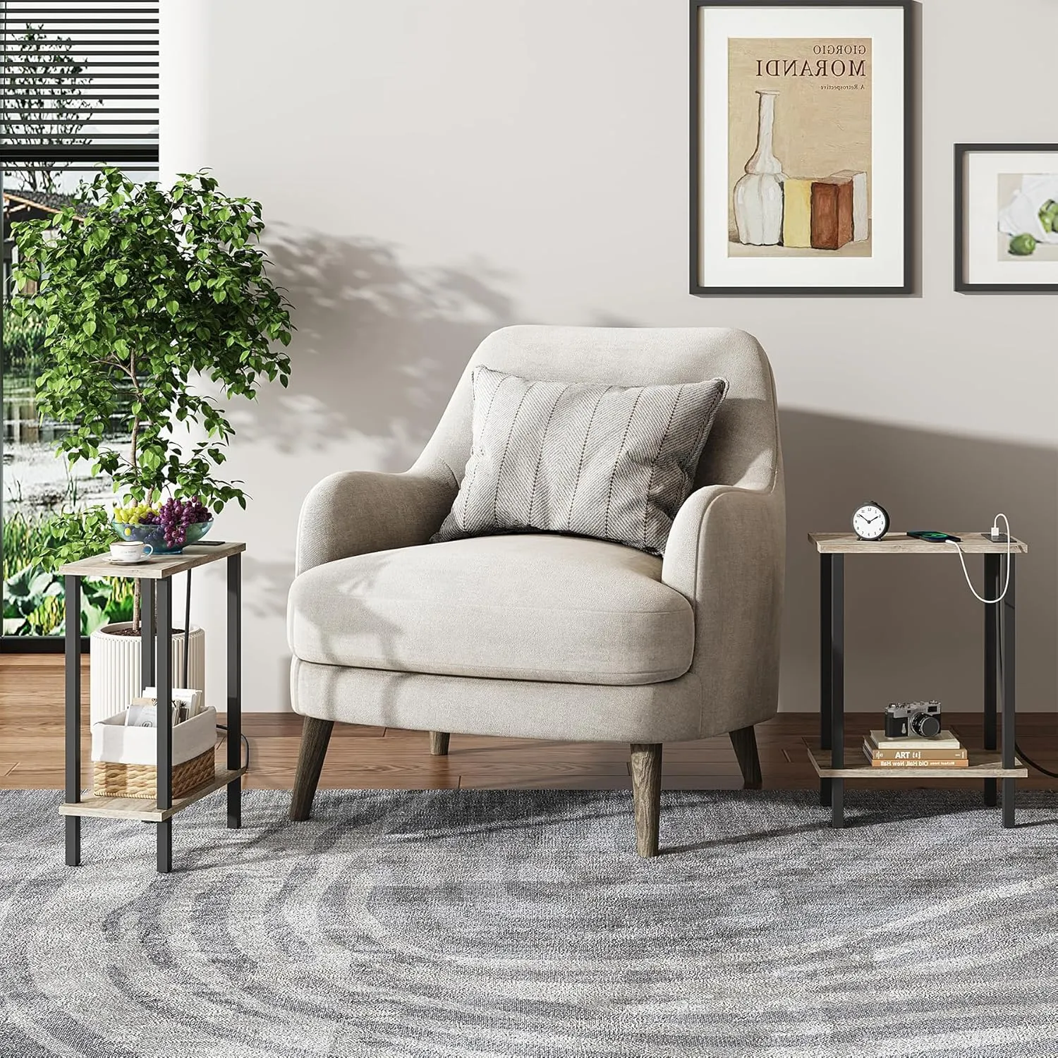 TUTOTAK Small End Table with Charging Station, Narrow Side Table with USB Ports and Outlets, Skinny Sofa Table, Slim Nightstand, Living Room, Bed Room, Greige TB01BG060