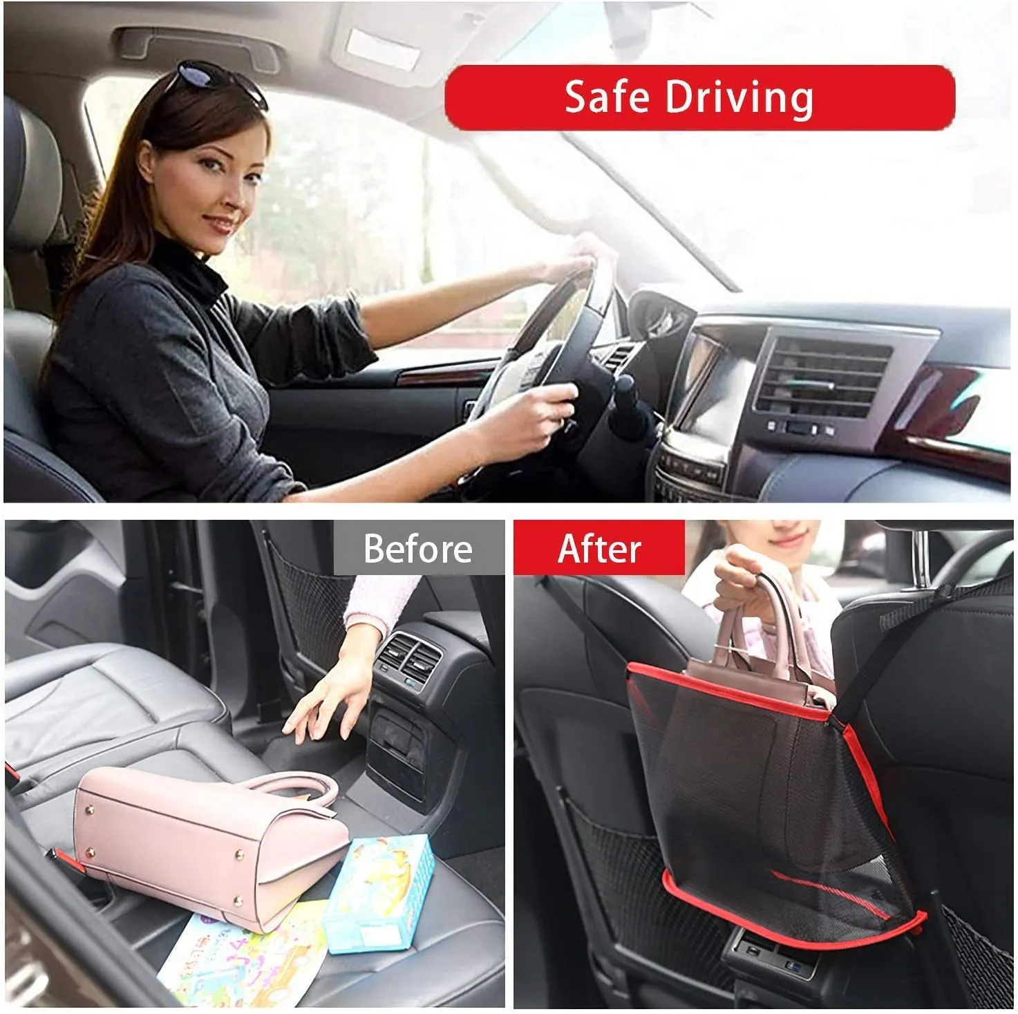 TWAYFEL Car Net Pocket Handbag Holder, Seat Back Organizer Mesh Large Capacity Bag, Driver Storage Netting Pouch for Purse Between Two Seat, Barrier of Backseat Pet Kids (Black, Upgrade)