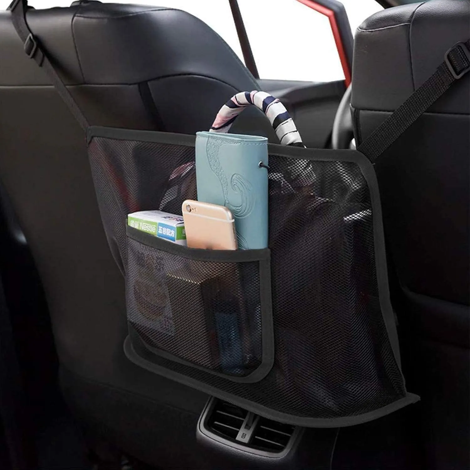 TWAYFEL Car Net Pocket Handbag Holder, Seat Back Organizer Mesh Large Capacity Bag, Driver Storage Netting Pouch for Purse Between Two Seat, Barrier of Backseat Pet Kids (Black, Upgrade)