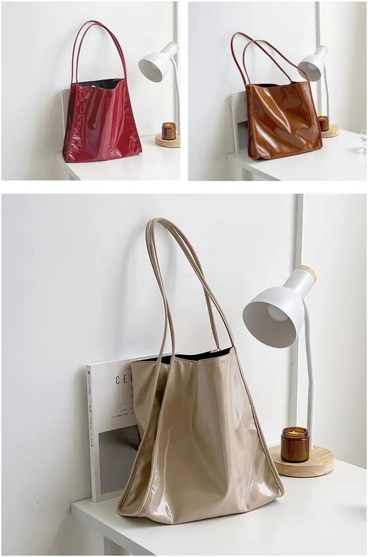 Ulisty Women Patent Leather Bag Soft Tote Bag Shiny Shoulder Bag Minimal Purse Fashion Handbag