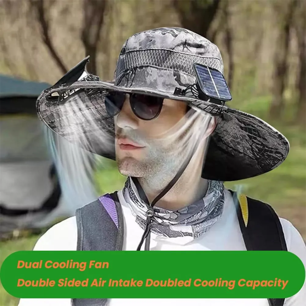 Ultralight Hat with Fans Solar Power, Outdoor Wide Brim Sun Hat with 2 Solar Fan, Removable USB Charging Fan