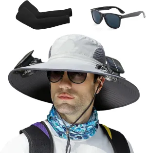 Ultralight Hat with Fans Solar Power, Outdoor Wide Brim Sun Hat with 2 Solar Fan, Removable USB Charging Fan