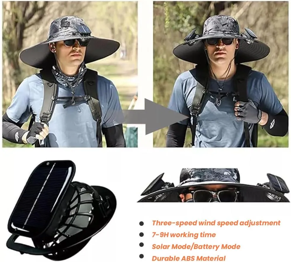 Ultralight Hat with Fans Solar Power, Outdoor Wide Brim Sun Hat with 2 Solar Fan, Removable USB Charging Fan
