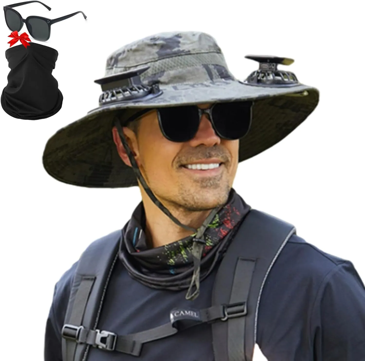 Ultralight Solar Fan Sun Hat, Outdoor Wide Brim Sun Hat with 2 Solar Fan, UPF 50  Waterproof Removable, Solar & USB Charging