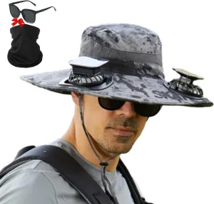 Ultralight Solar Fan Sun Hat, Outdoor Wide Brim Sun Hat with 2 Solar Fan, UPF 50  Waterproof Removable, Solar & USB Charging