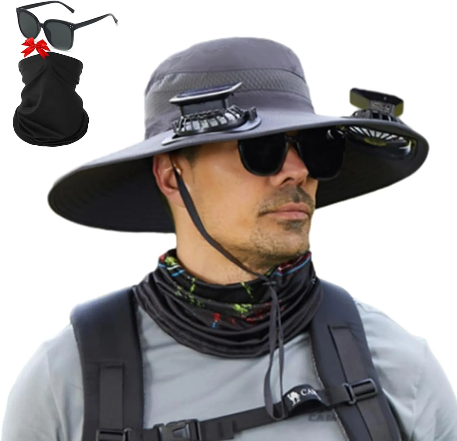 Ultralight Solar Fan Sun Hat, Outdoor Wide Brim Sun Hat with 2 Solar Fan, UPF 50  Waterproof Removable, Solar & USB Charging