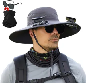 Ultralight Solar Fan Sun Hat, Outdoor Wide Brim Sun Hat with 2 Solar Fan, UPF 50  Waterproof Removable, Solar & USB Charging