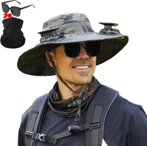 Ultralight Solar Fan Sun Hat, Outdoor Wide Brim Sun Hat with 2 Solar Fan, UPF 50  Waterproof Removable, Solar & USB Charging