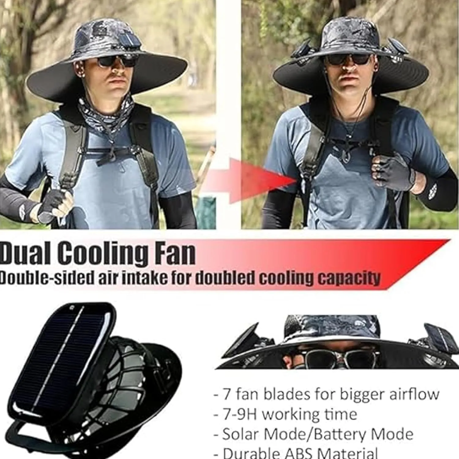 Ultralight Solar Fan Sun Hat, Outdoor Wide Brim Sun Hat with 2 Solar Fan, UPF 50  Waterproof Removable, Solar & USB Charging