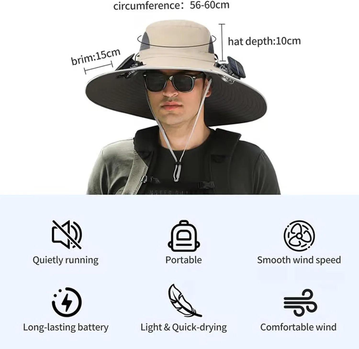 Ultralight Solar Fan Sun Hat, Outdoor Wide Brim Sun Hat with 2 Solar Fan, UPF 50  Waterproof Removable, Solar & USB Charging
