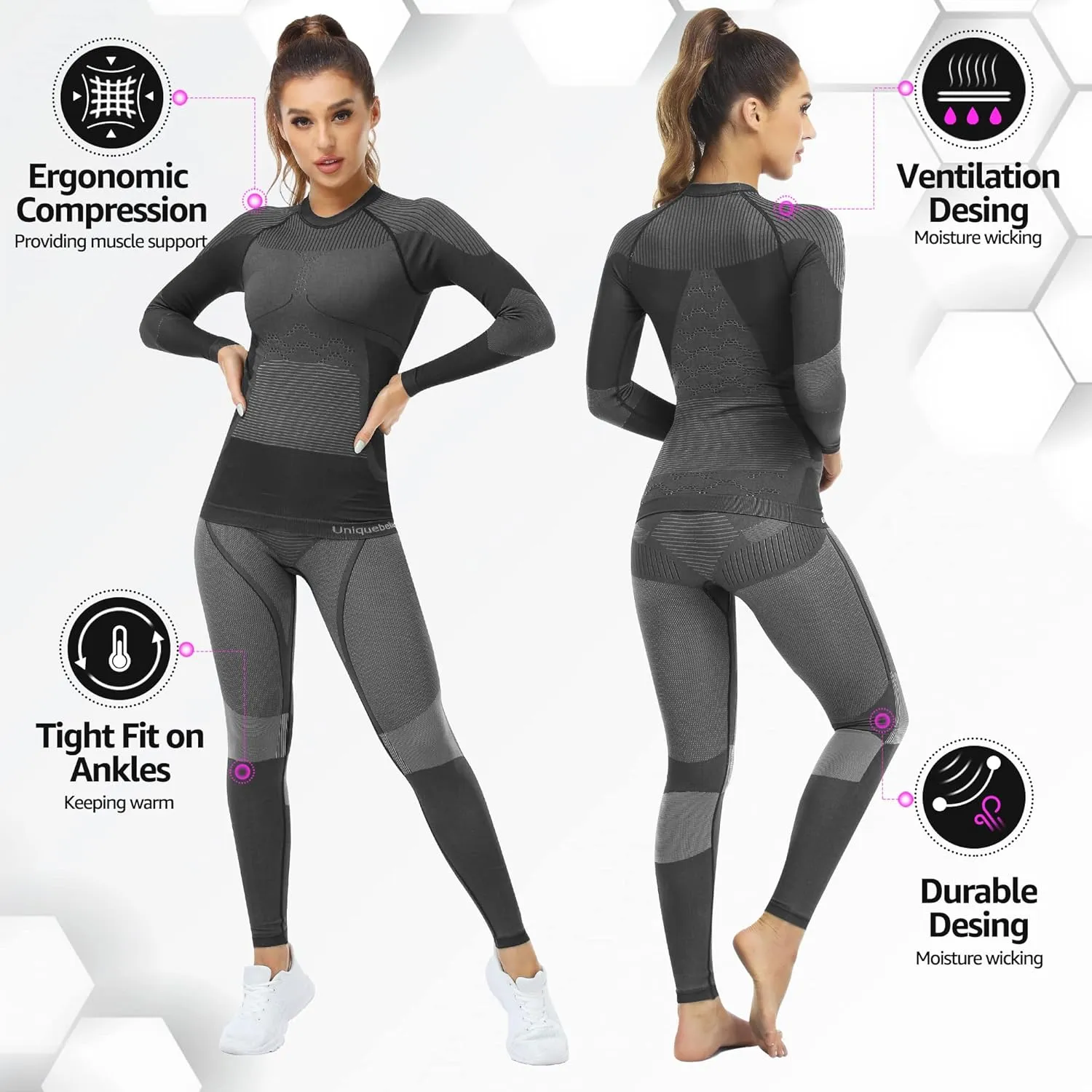 UNIQUEBELLA Womens Thermal Underwear, Thermal Base Layers Women - Ski Wear Ladies Compression Athletic Long Johns Skins Set