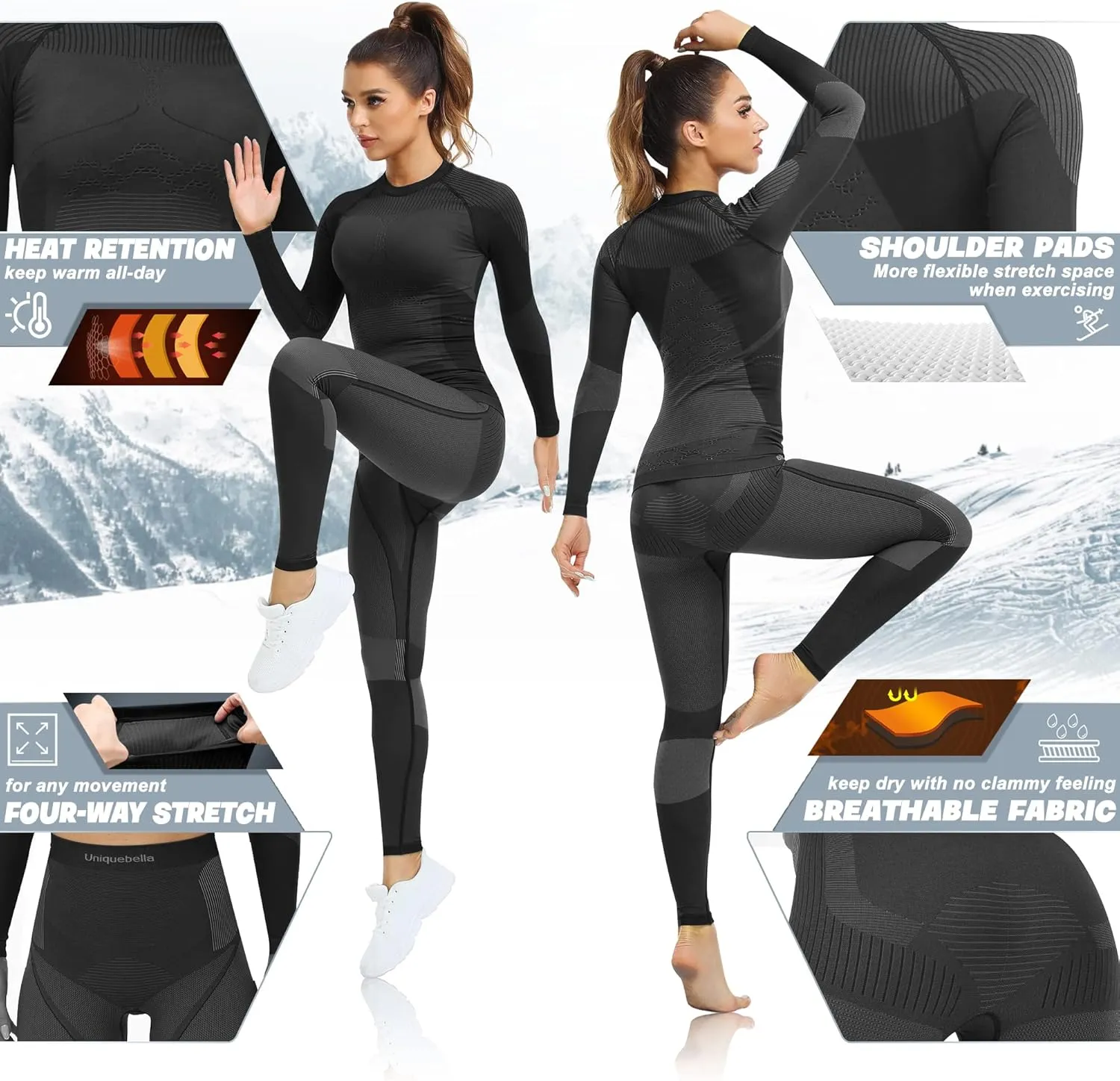 UNIQUEBELLA Womens Thermal Underwear, Thermal Base Layers Women - Ski Wear Ladies Compression Athletic Long Johns Skins Set