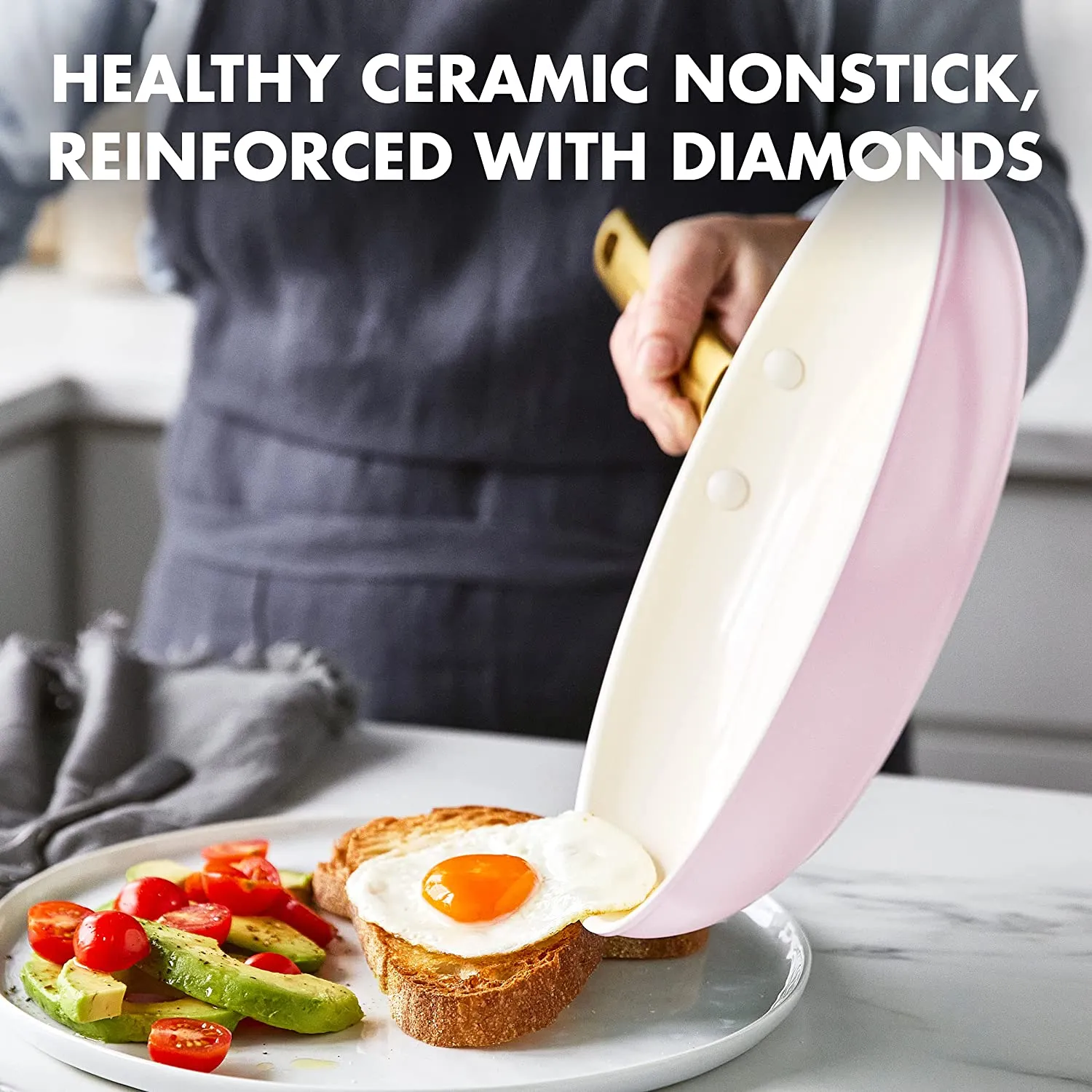 Upgrade your kitchen cookware with this pink ten-piece pot and pans set with gold handles.
