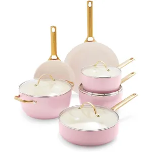 Upgrade your kitchen cookware with this pink ten-piece pot and pans set with gold handles.