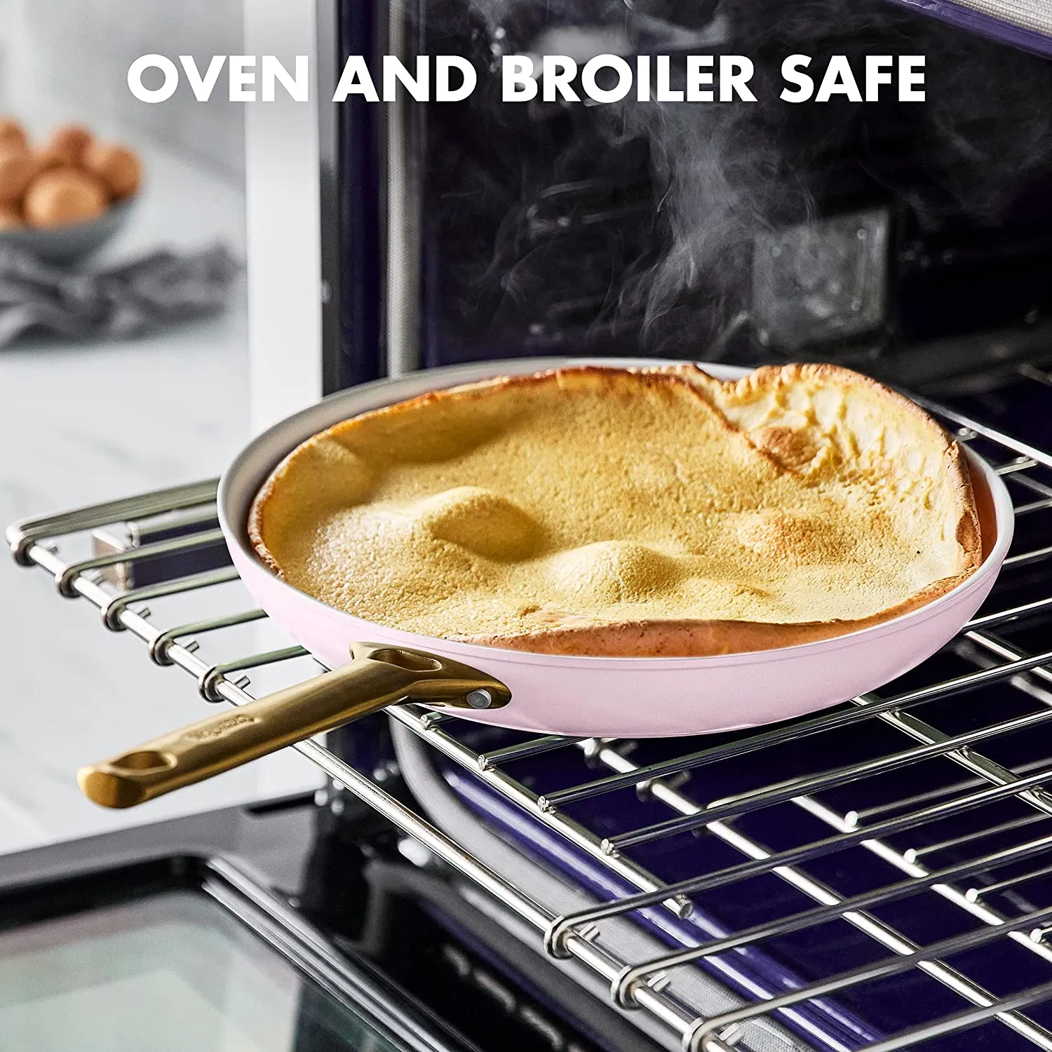 Upgrade your kitchen cookware with this pink ten-piece pot and pans set with gold handles.