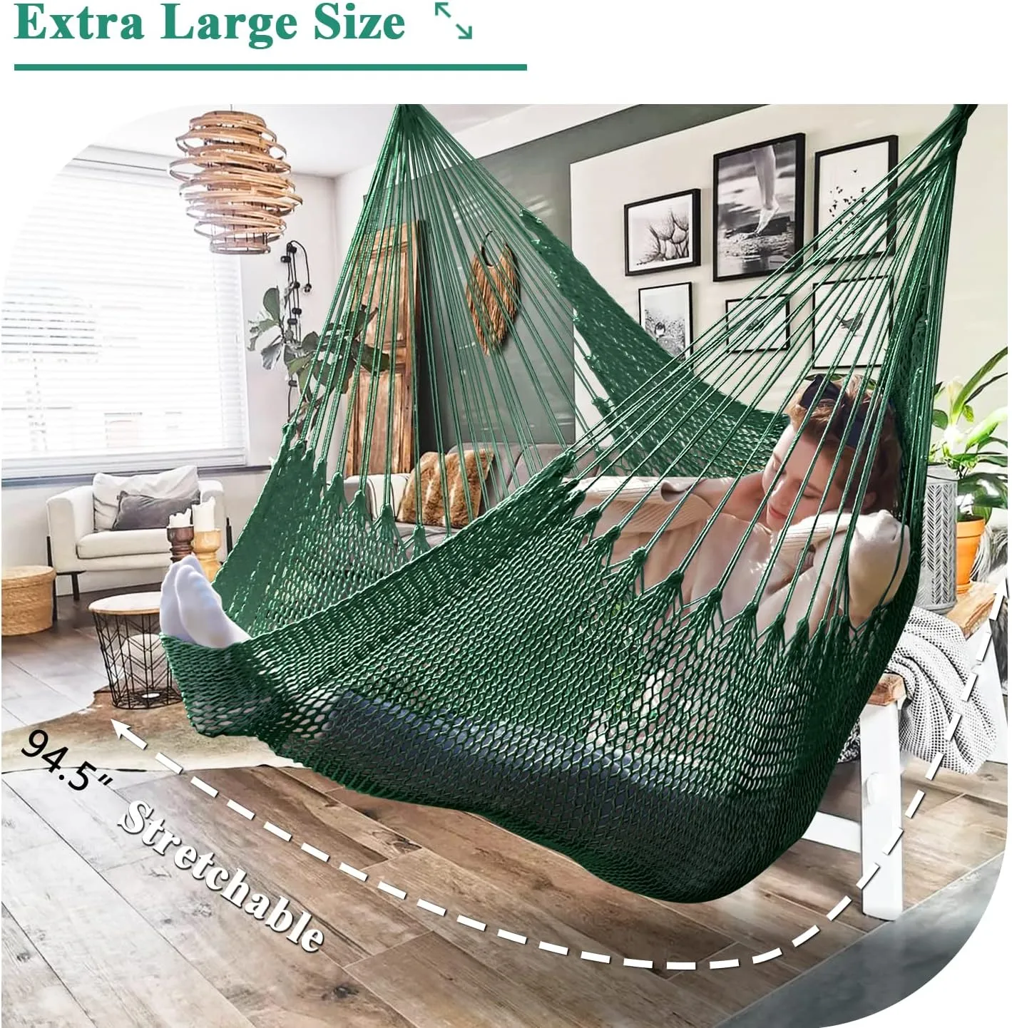 Upgraded Caribbean Hammock Chair with Detachable Metal Bar, Large Hammock Swing Chair, XL Rope Hanging Chair for Outdoor Indoor, 330 LBS Weight Capacity, ForestGreen
