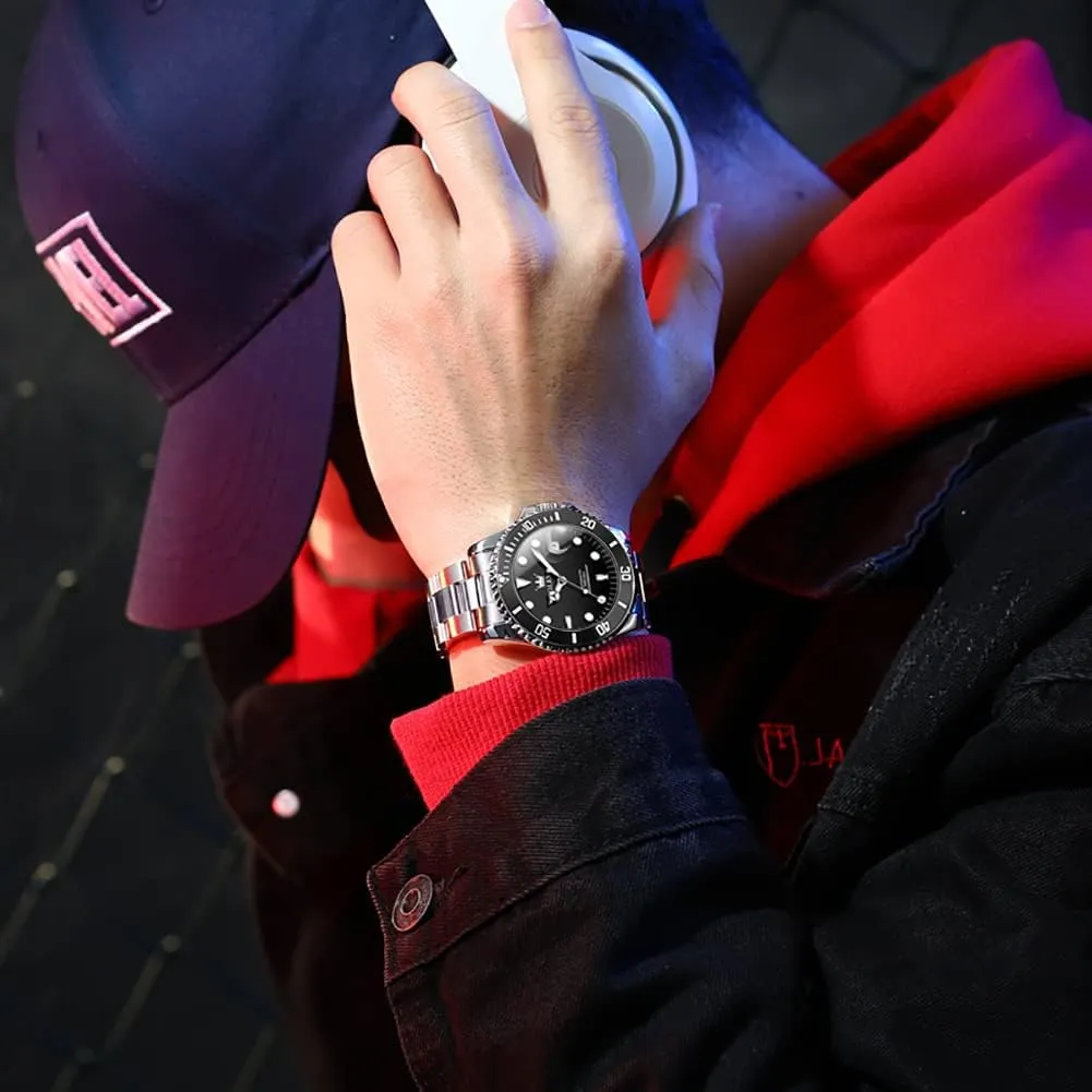 【Upgrade】OLEVS Men's Automatic Watches,Classic Business Big Face Self Winding Mechanical Watch with Date,Luxury Unidirectional Rotating Bezel Waterproof Large Luminous Pointer Watch for Men,Gold Silver Band