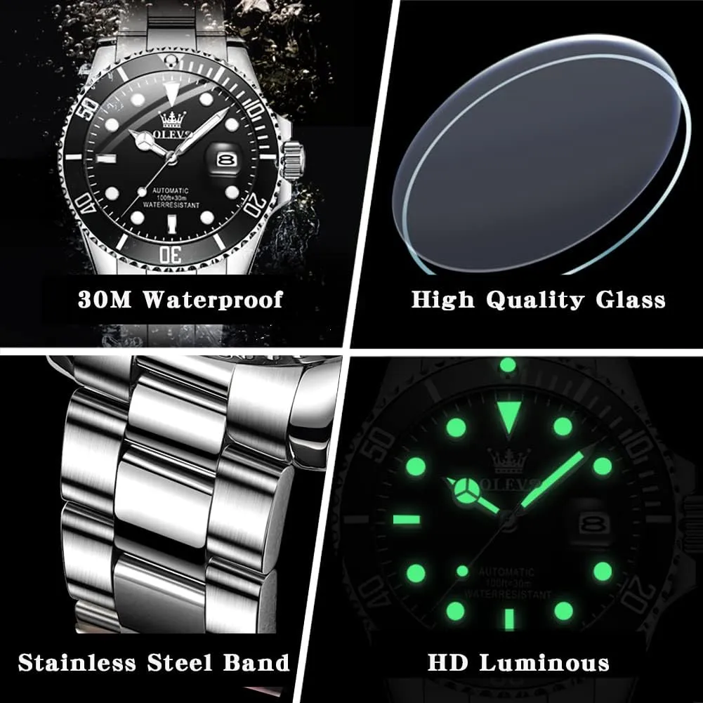 【Upgrade】OLEVS Men's Automatic Watches,Classic Business Big Face Self Winding Mechanical Watch with Date,Luxury Unidirectional Rotating Bezel Waterproof Large Luminous Pointer Watch for Men,Gold Silver Band