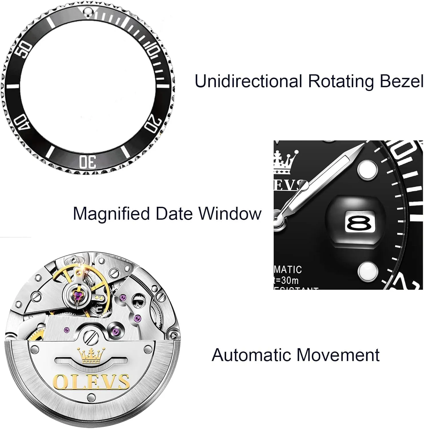 【Upgrade】OLEVS Men's Automatic Watches,Classic Business Big Face Self Winding Mechanical Watch with Date,Luxury Unidirectional Rotating Bezel Waterproof Large Luminous Pointer Watch for Men,Gold Silver Band