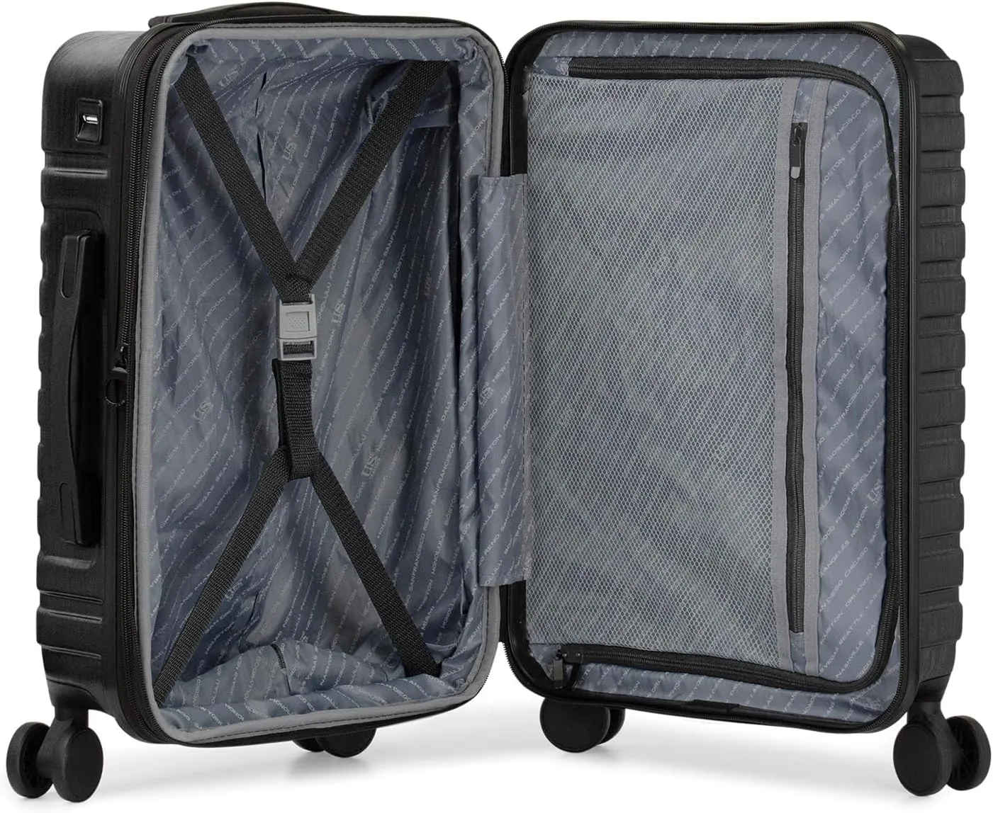 U.S. Traveler Boren Polycarbonate Hardside Rugged Travel Suitcase Luggage with 8 Spinner Wheels, Aluminum Handle, Carry-on 22-Inch, USB Port, Black