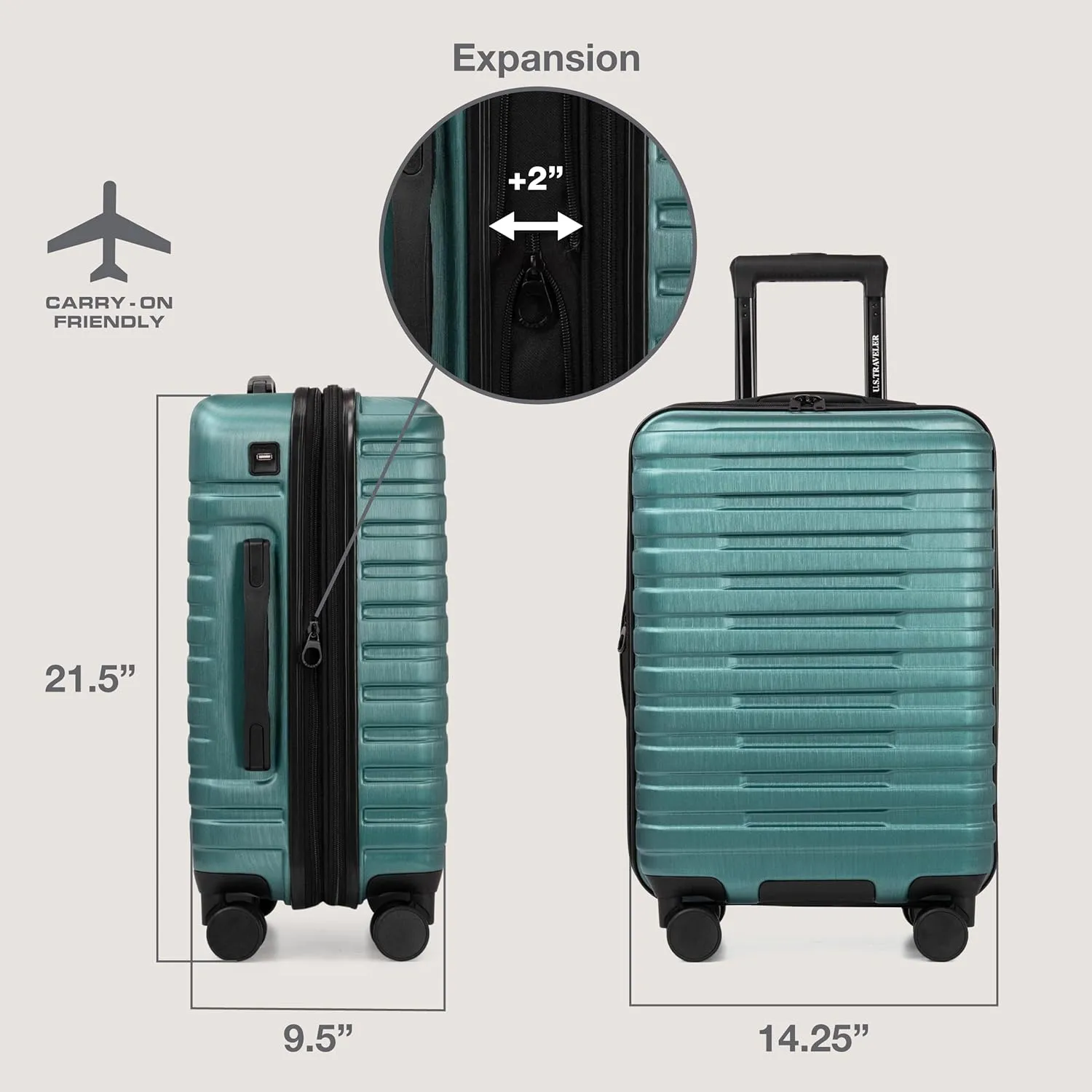 U.S. Traveler Boren Polycarbonate Hardside Rugged Travel Suitcase Luggage with 8 Spinner Wheels, Aluminum Handle, Teal, 2-Piece Set, USB Port in Carry-On