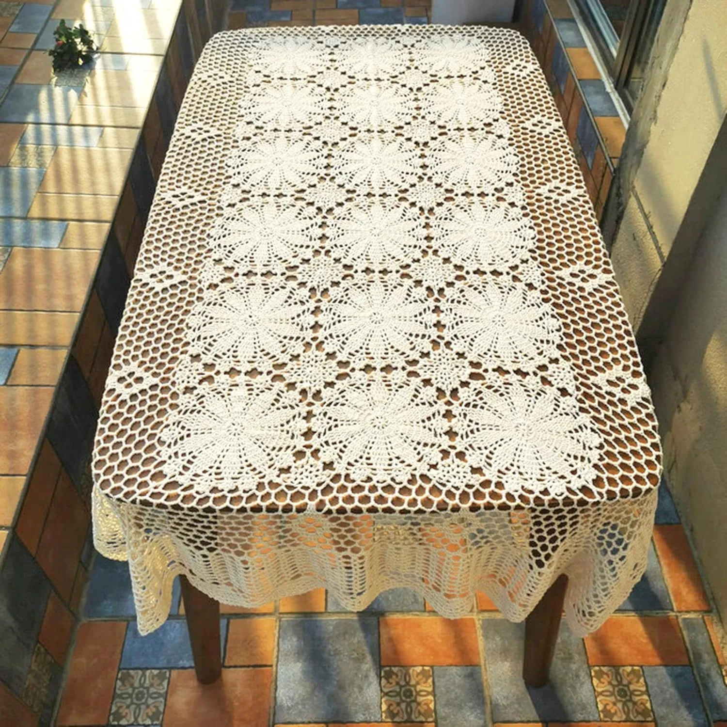 USTIDE Shabby Handmade Crochet Tablecloth Rectangle Romantic Table Cover Beige Lace Design Table Overlays Rectangular 62inchesx82inches