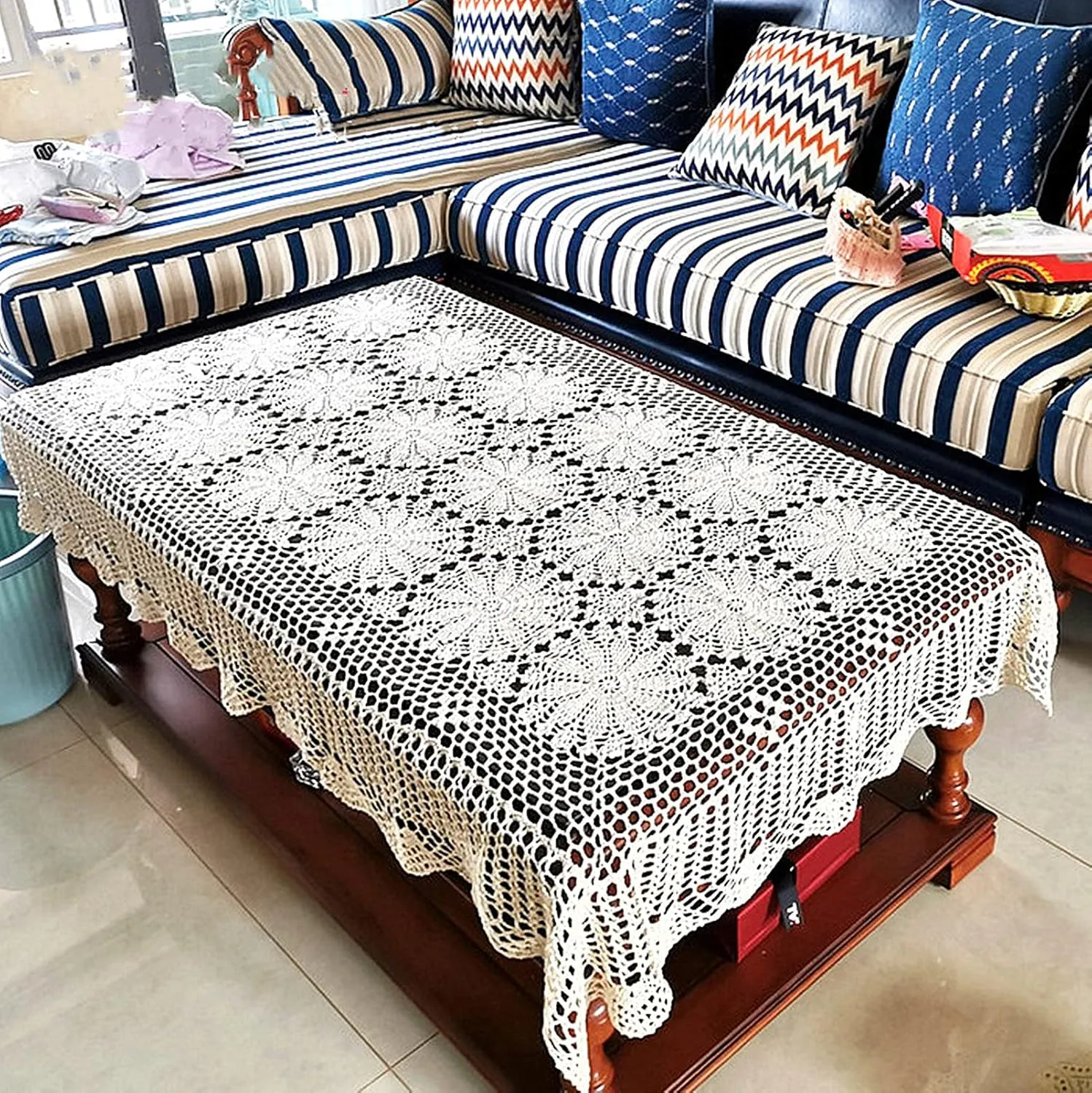 USTIDE Shabby Handmade Crochet Tablecloth Rectangle Romantic Table Cover Beige Lace Design Table Overlays Rectangular 62inchesx82inches