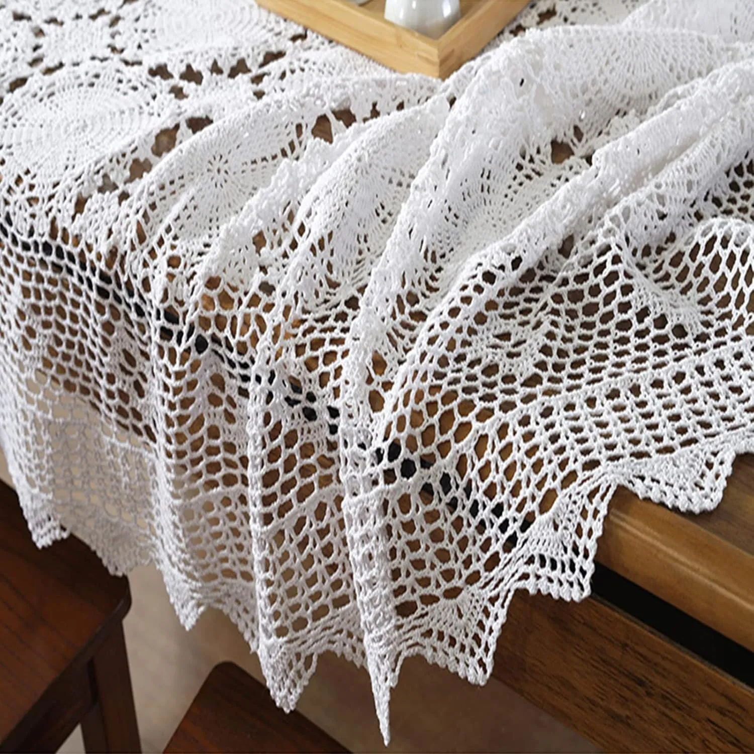 USTIDE Shabby Handmade Crochet Tablecloth Rectangle Romantic Table Cover White Lace Design Table Overlays Rectangular 62inchesx82inches