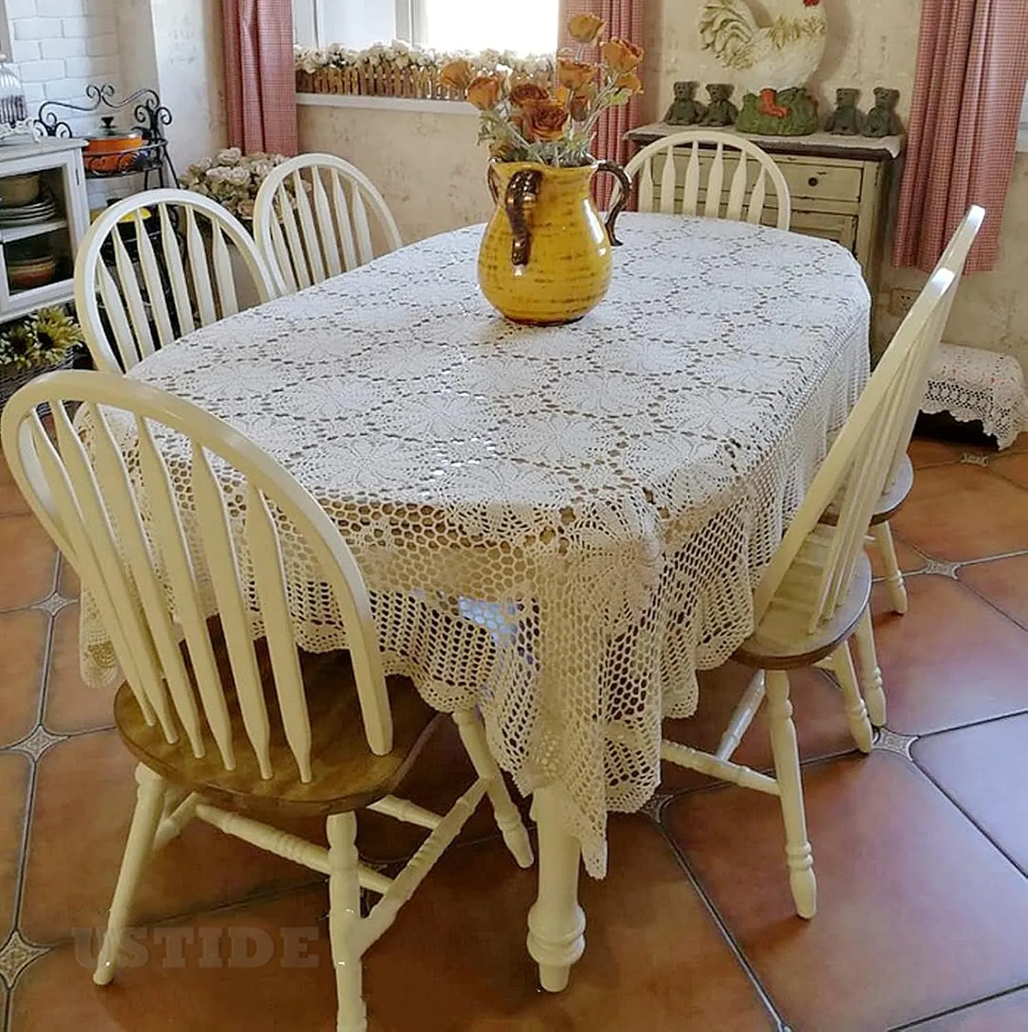 USTIDE Shabby Handmade Crochet Tablecloth Rectangle Romantic Table Cover White Lace Design Table Overlays Rectangular 62inchesx82inches