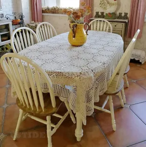 USTIDE Shabby Handmade Crochet Tablecloth Rectangle Romantic Table Cover White Lace Design Table Overlays Rectangular 62inchesx82inches