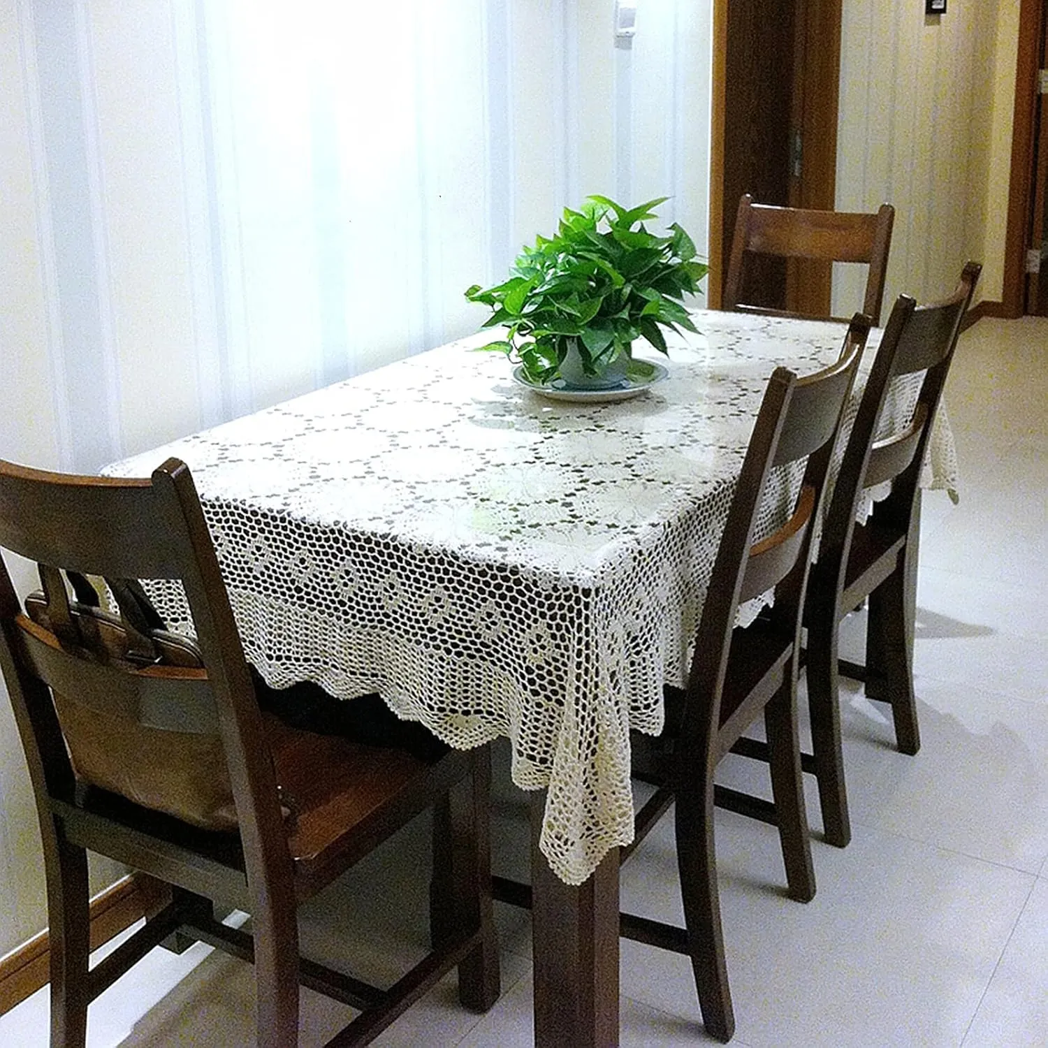 USTIDE Shabby Handmade Crochet Tablecloth Rectangle Romantic Table Cover White Lace Design Table Overlays Rectangular 62inchesx82inches