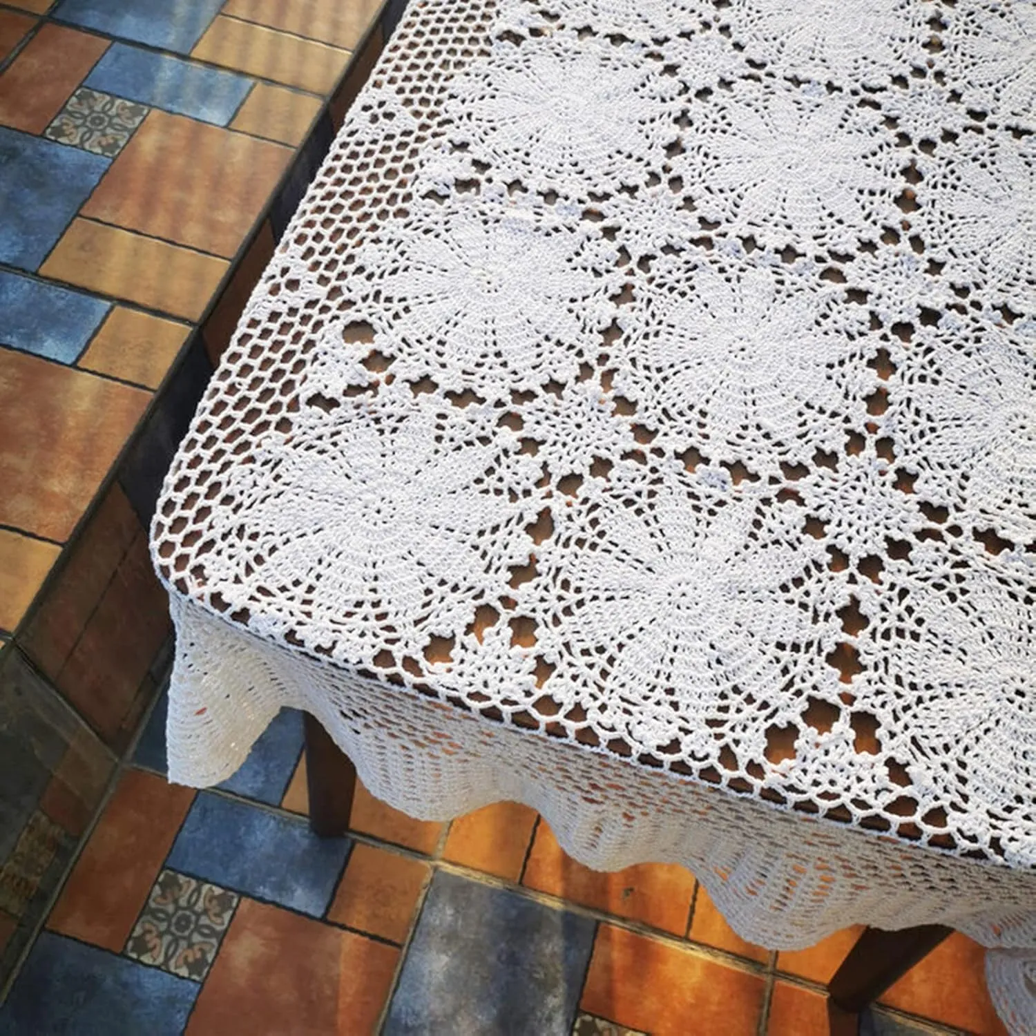USTIDE Shabby Handmade Crochet Tablecloth Rectangle Romantic Table Cover White Lace Design Table Overlays Rectangular 62inchesx82inches