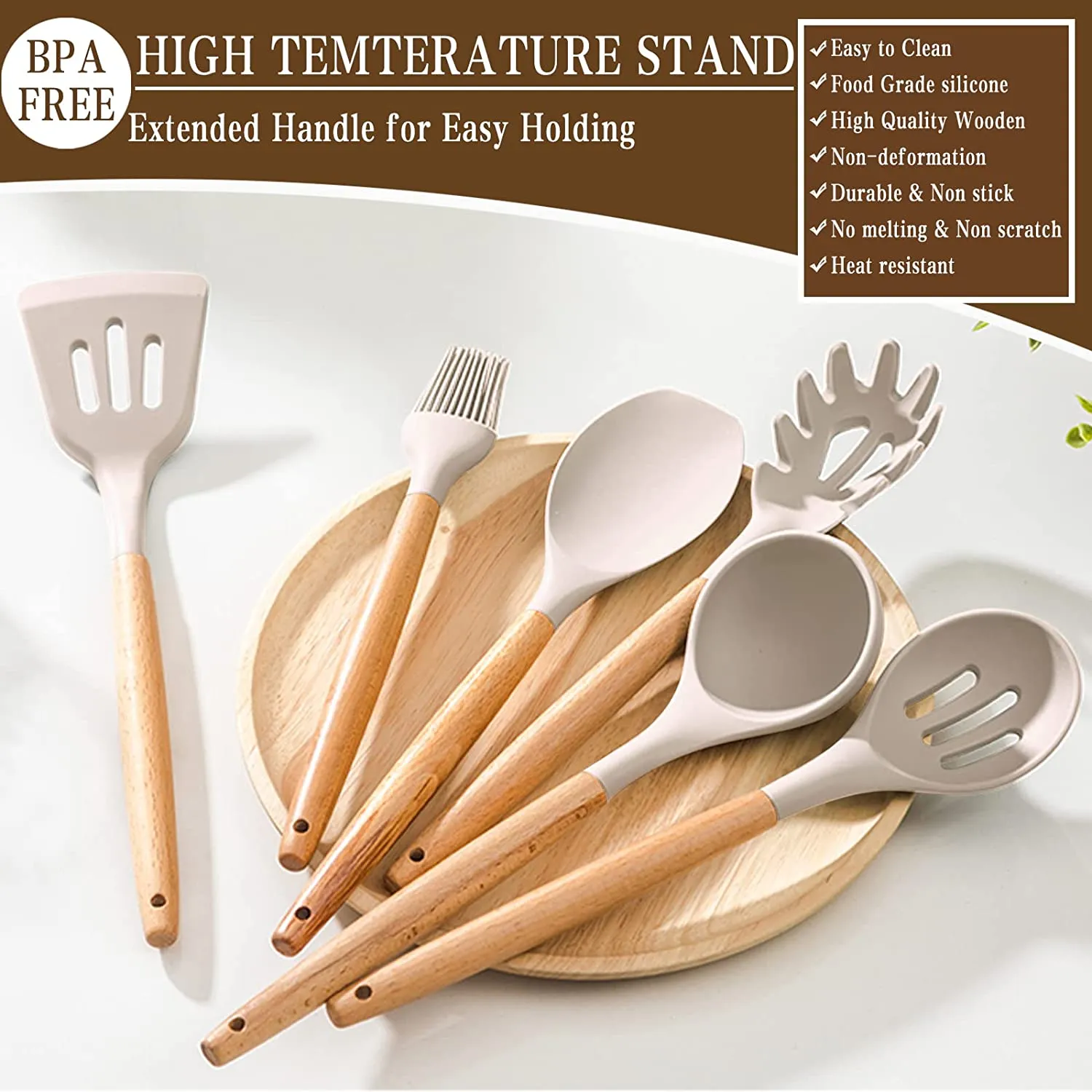 UÜTENSIL Kitchen Cooking Utensils Set, 33 pcs Non-Stick Silicone Cooking Kitchen Utensils Spatula Set with Holder, Wooden Handle Silicone Kitchen Gadgets Utensil Set (Khaki)