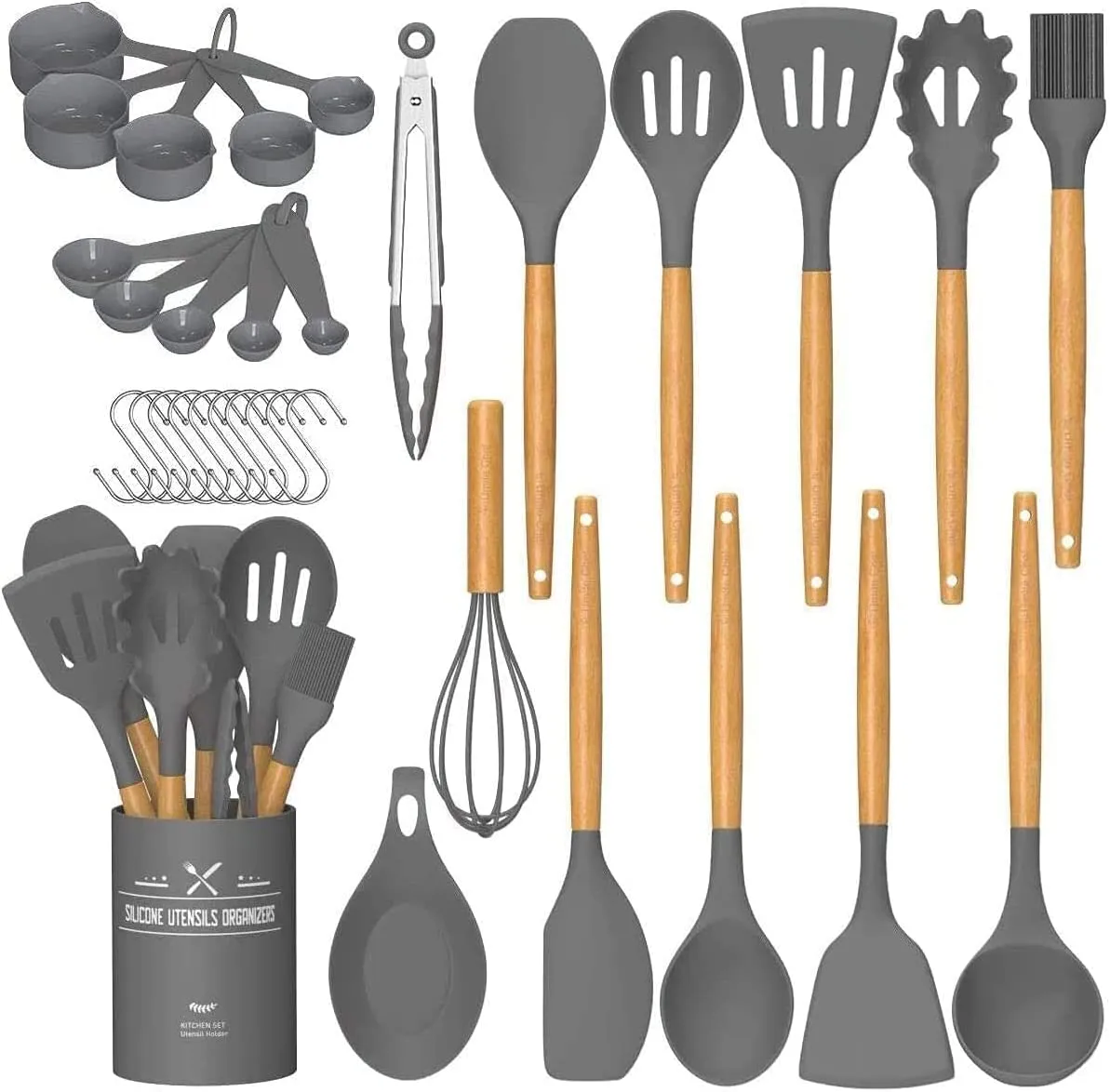 UÜTENSIL Kitchen Cooking Utensils Set, 33 pcs Non-Stick Silicone Cooking Kitchen Utensils Spatula Set with Holder, Wooden Handle Silicone Kitchen Gadgets Utensil Set (Khaki)