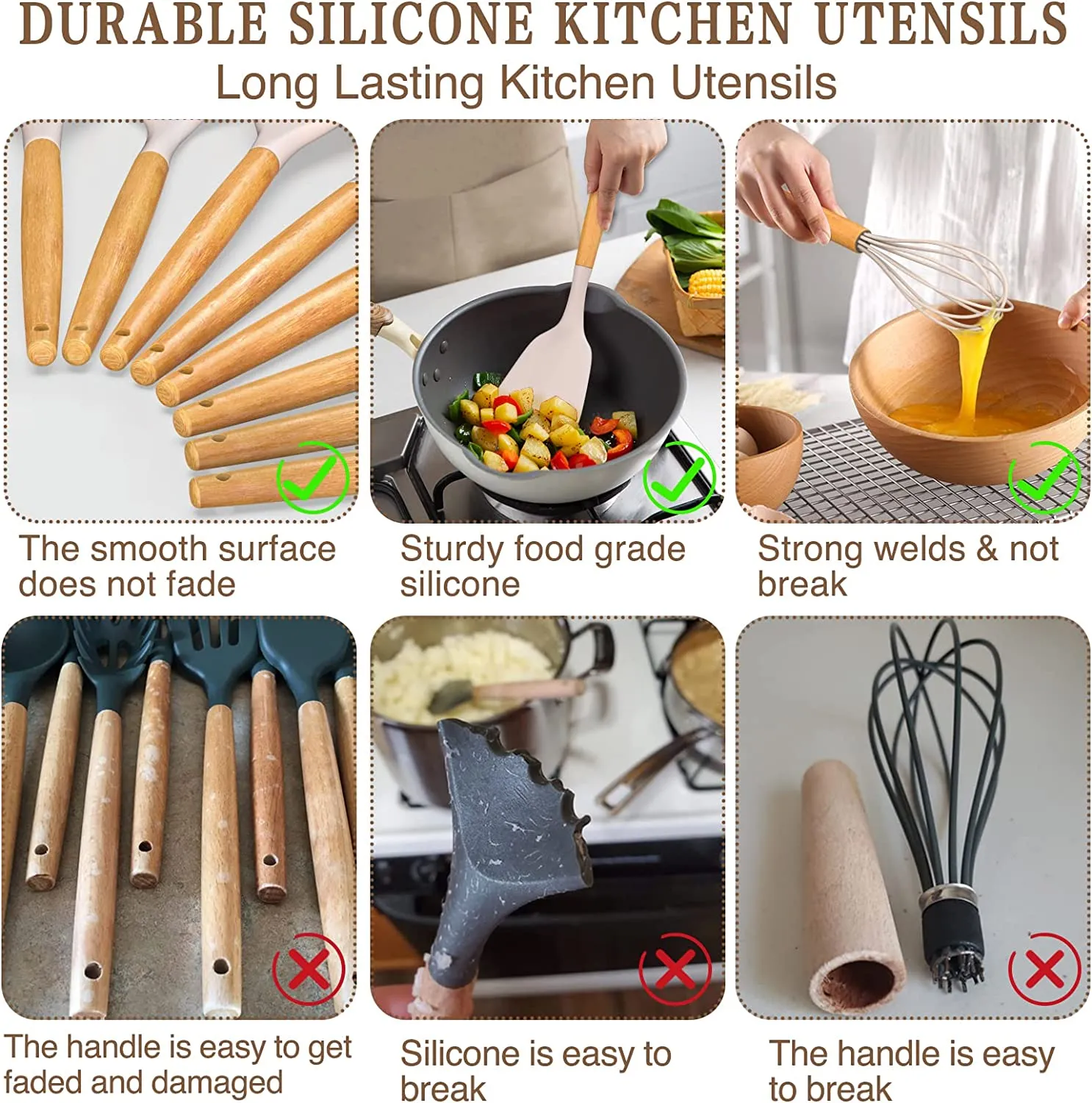 UÜTENSIL Kitchen Cooking Utensils Set, 33 pcs Non-Stick Silicone Cooking Kitchen Utensils Spatula Set with Holder, Wooden Handle Silicone Kitchen Gadgets Utensil Set (Khaki)