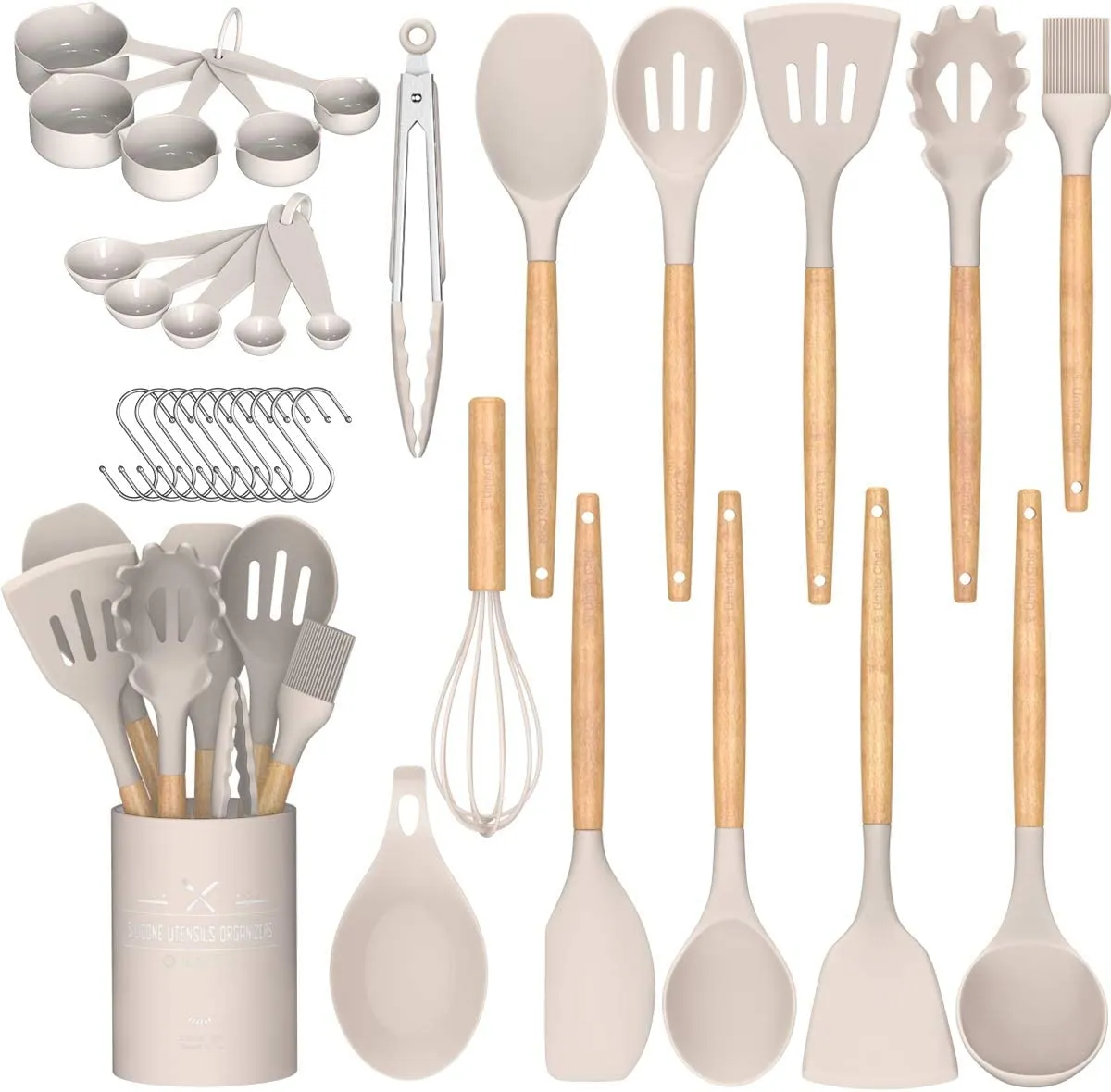 UÜTENSIL Kitchen Cooking Utensils Set, 33 pcs Non-Stick Silicone Cooking Kitchen Utensils Spatula Set with Holder, Wooden Handle Silicone Kitchen Gadgets Utensil Set (Khaki)