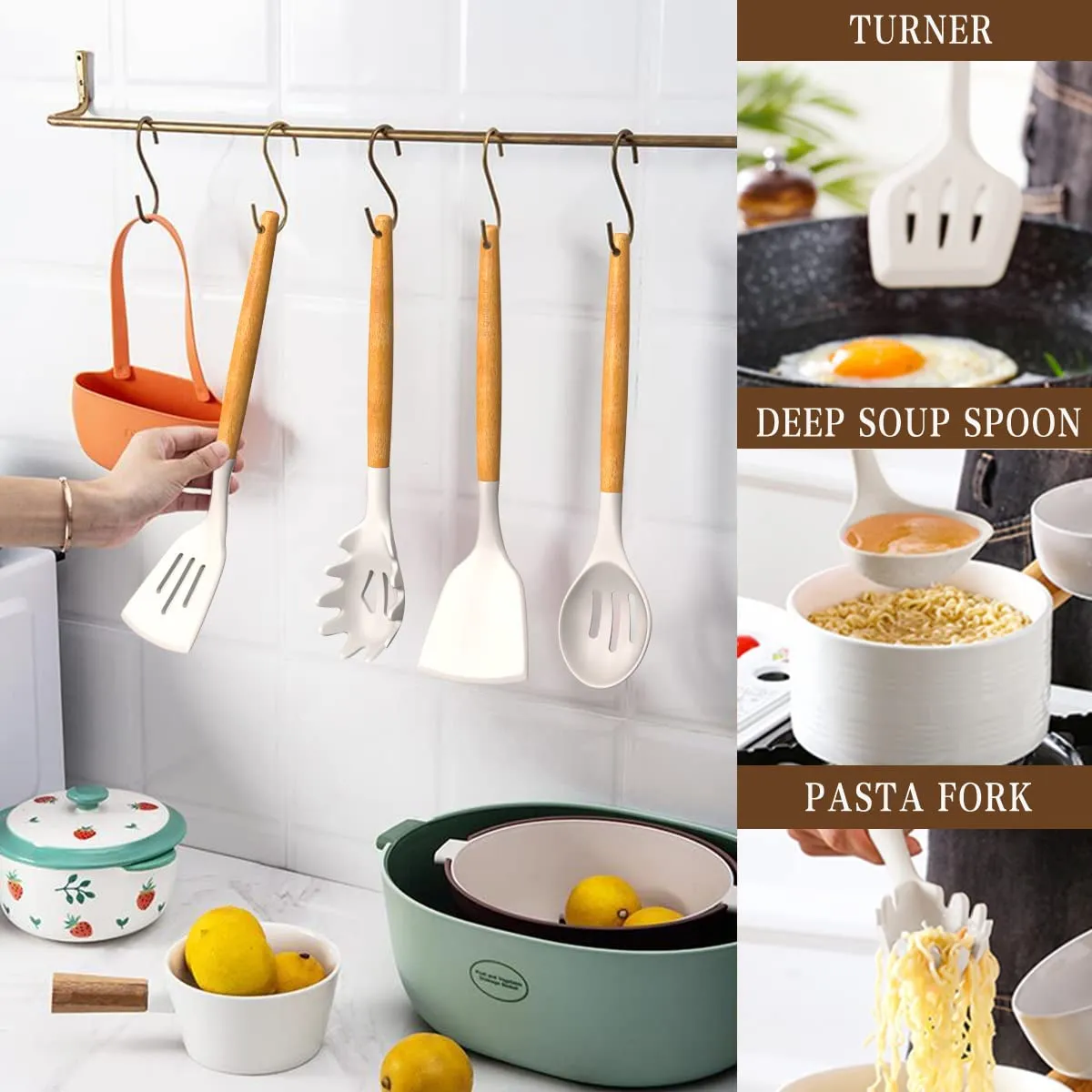 UÜTENSIL Kitchen Cooking Utensils Set, 33 pcs Non-Stick Silicone Cooking Kitchen Utensils Spatula Set with Holder, Wooden Handle Silicone Kitchen Gadgets Utensil Set (Khaki)