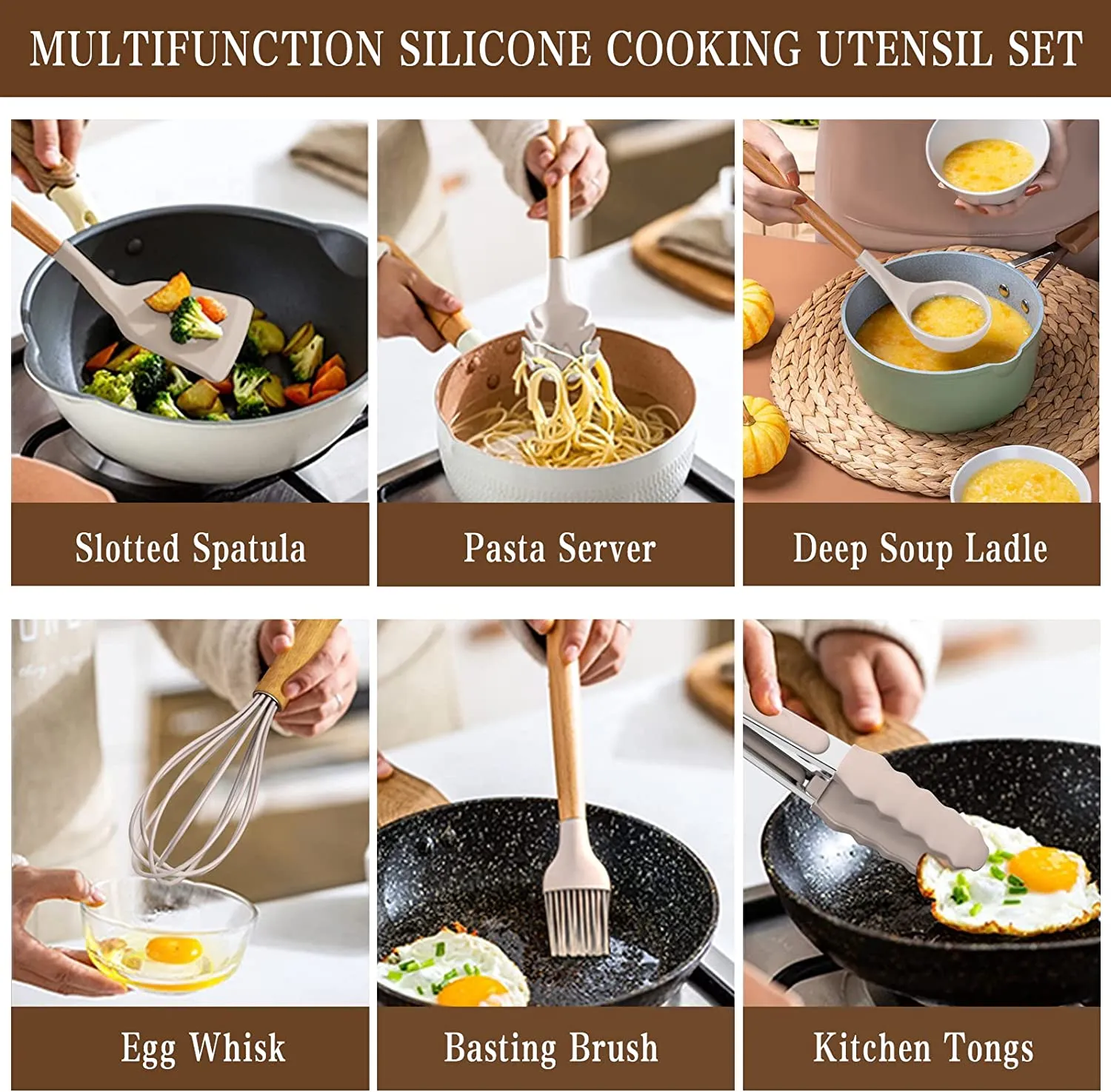 UÜTENSIL Kitchen Cooking Utensils Set, 33 pcs Non-Stick Silicone Cooking Kitchen Utensils Spatula Set with Holder, Wooden Handle Silicone Kitchen Gadgets Utensil Set (Khaki)
