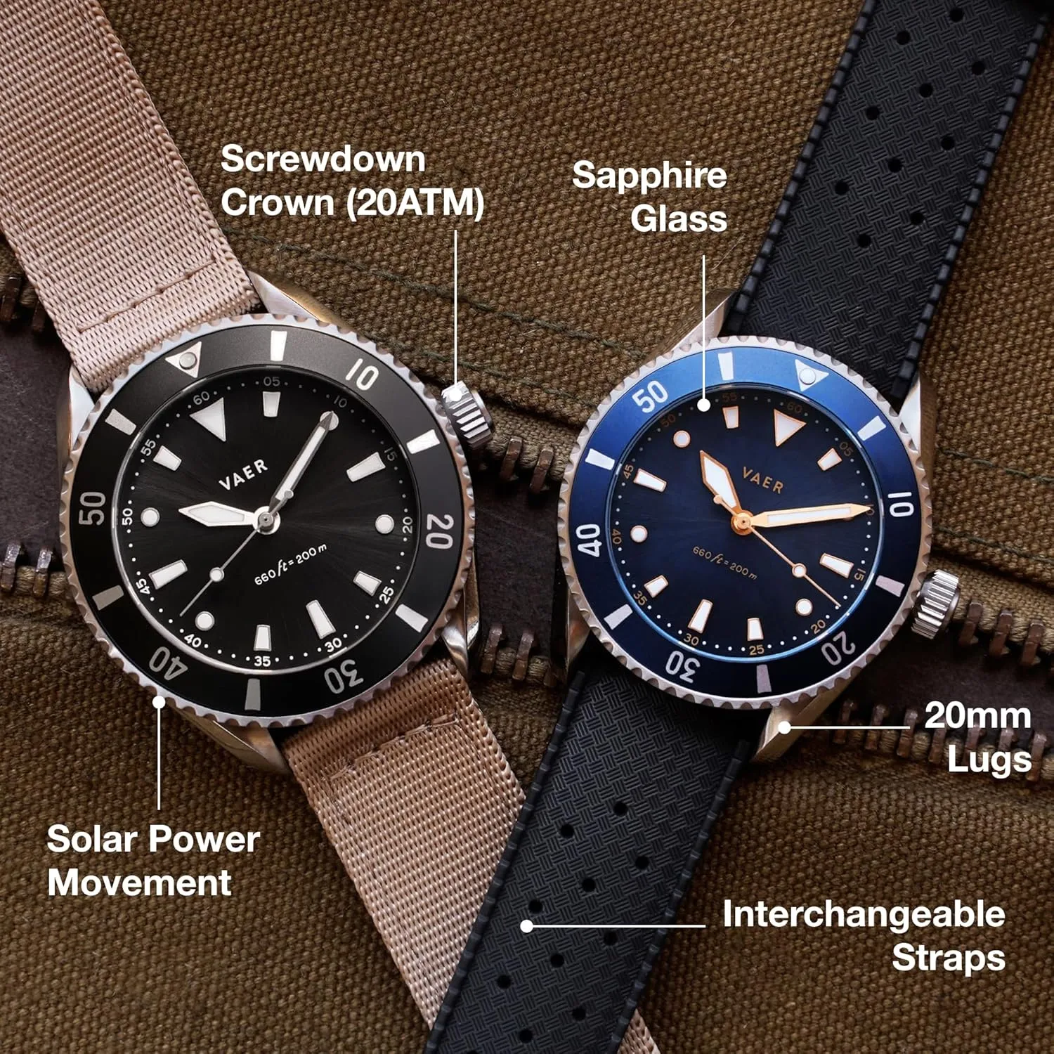 Vaer DS4 Solar Dive Watch for Men - Ocean Ready 20 ATM Solar Powered - Perpetual Time Keeping Sapphire Crystal ( /- 20 Seconds/Month) - 2 Quick-Change 20mm Straps - Gifts for Dad - 42mm (Medium)
