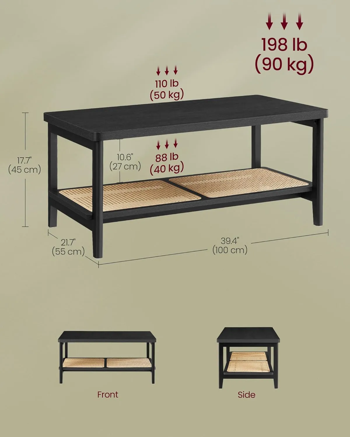 VASAGLE 2-Tier Coffee Table for Living Room, Living Room Table Rectangular Center Table, with PVC Rattan Storage Shelf, Rounded Corners, Easy Assembly, Boho Style, Ash Black ULCT240B21