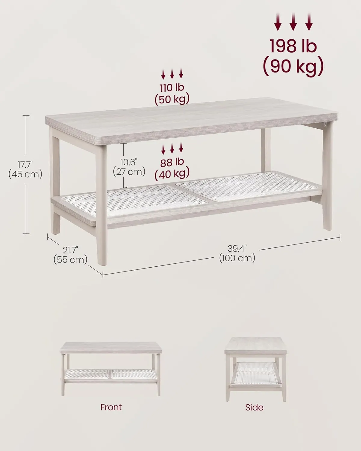 VASAGLE 2-Tier Coffee Table for Living Room, Living Room Table Rectangular Center Table, with PVC Rattan Storage Shelf, Rounded Corners, Easy Assembly, Boho Style, Oatmeal Beige ULCT240K66