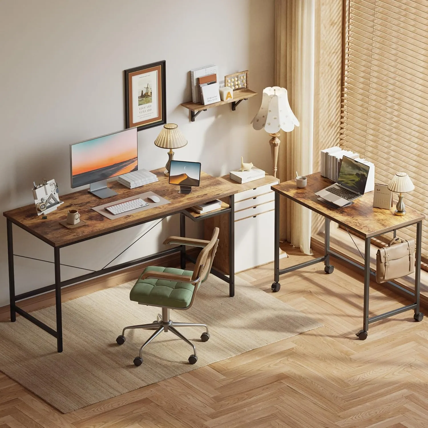 Versatile 2-in-1 L-Shaped Computer Desk, Modular Gaming Desk 63inch, Modern Simple Style Table for Home Office, Study Student Writing Table (Rustic Brown, 48in Basic  32in Rolling)