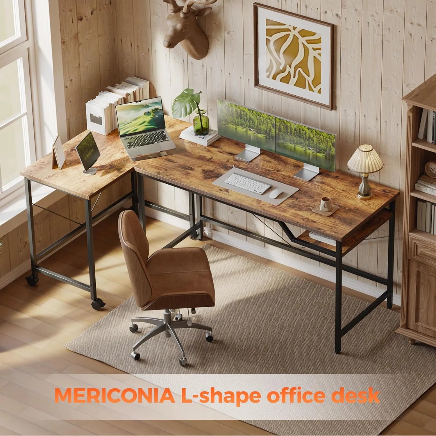 Versatile 2-in-1 L-Shaped Computer Desk, Modular Gaming Desk 63inch, Modern Simple Style Table for Home Office, Study Student Writing Table (Rustic Brown, 48in Basic  32in Rolling)